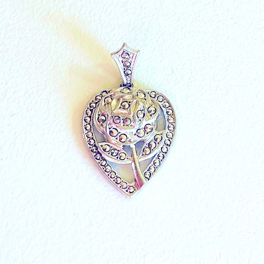 Vtg Sterling Silver Marcasite Heart Rose Pendant Charm Flower 925